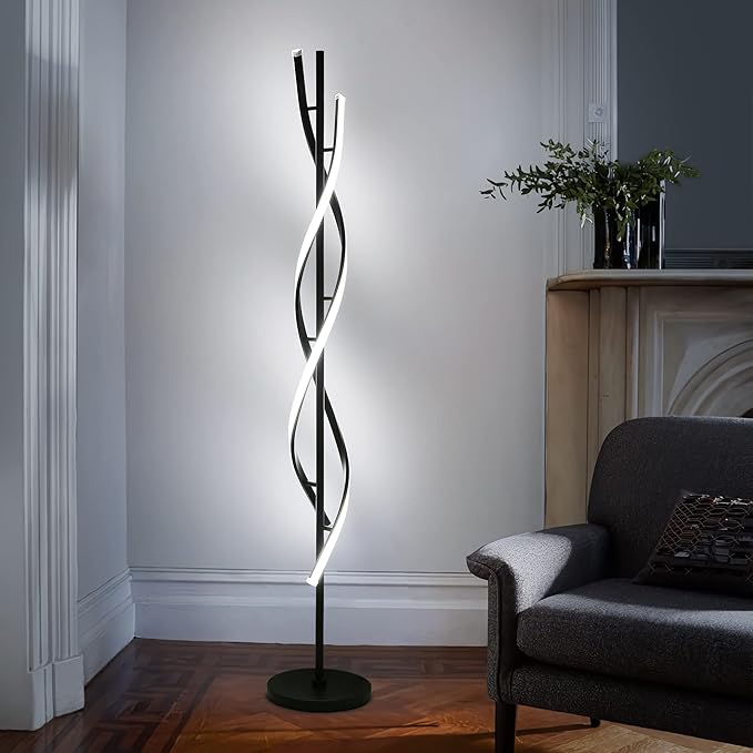 JUTIFAN Modern Spiral Floor Lamp for Living Room, 48W Dimmable Led Corner Floor Lamp with Remote Control, 53 Inch Black Floor Lamps 3 Color Tall Corner Reading Lamp Standing Floor Lamps for Bedroom