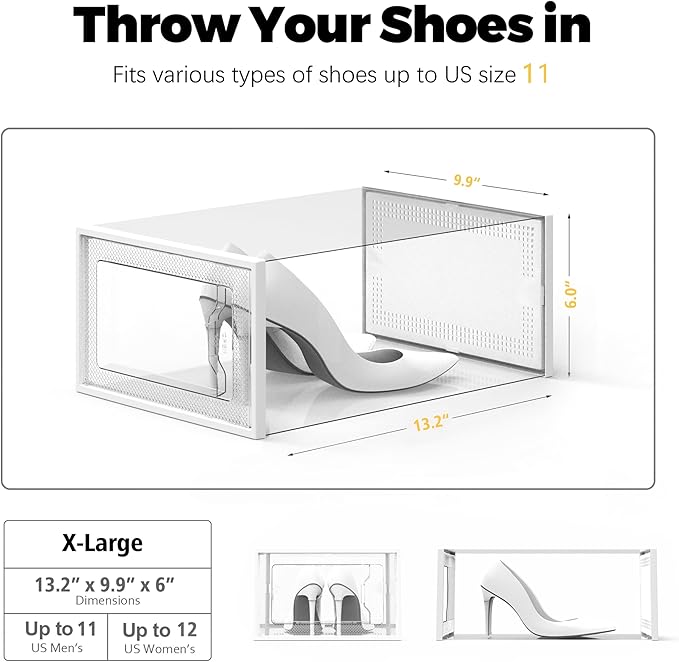SEE SPRING X-Large Shoe Storage Box Fit Size 11, Clear Plastic Stackable Shoe Organizer for Closet, Space Saving Foldable Shoe Rack Sneaker Container Bin Holder, 12 Pack Clear
