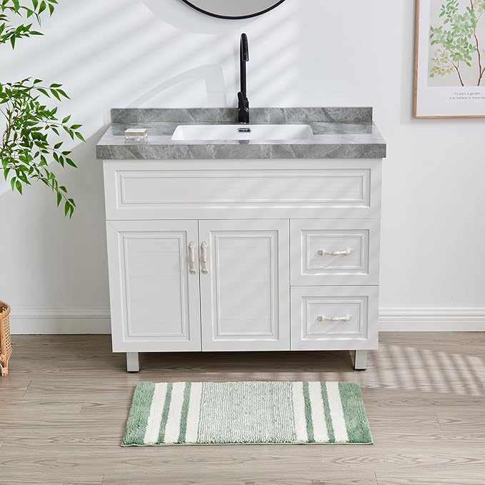 CozeCube Sage Green Striped Bath mats for Bathroom Non Slip, Fluffy Absorbent Microfiber Bath mat Washable, Aesthetic Bathroom Rugs, Large Bath mat for Sink, 36" x 24"