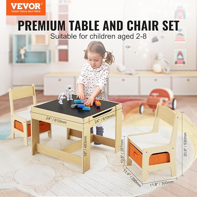 VEVOR Kids Table and Chair Set, 3 in 1 Wooden Activity Table with Storage Space and Boxes, Detachable Tabletop Kids Play Table for Toddlers Art, Craft, Reading, Learning