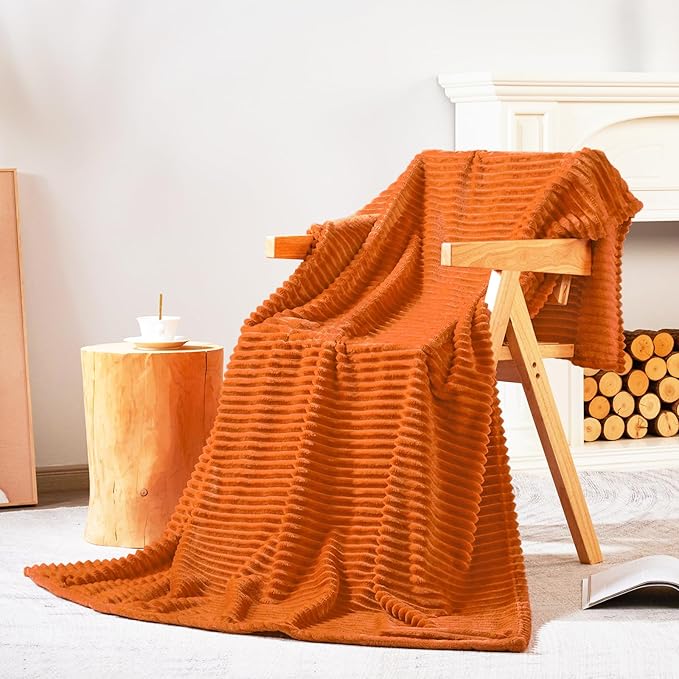 Bnuitland Burnt Orange Flannel Throw Blanket,300GSM Super Soft Fleece Stripe Pattern Sofa Blanket for Adults and Kids, Lightweight Cozy Bed Throw for Home Decor All Season