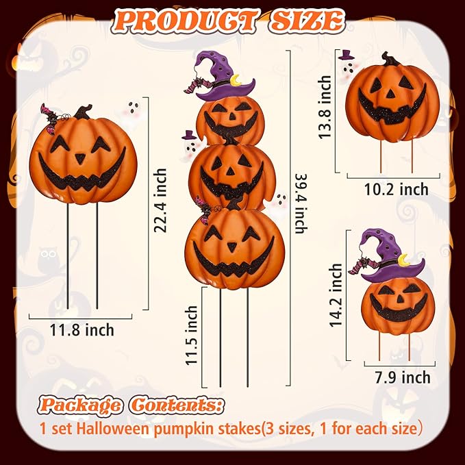 Halloween Yard Decorations Stakes, Stacked Metal Pumpkins Halloween Outdoor Decorations, Trick or Treat Yard Signs for Outdoor Lawn Patio Pathway Decor, Set of 3 Pcs