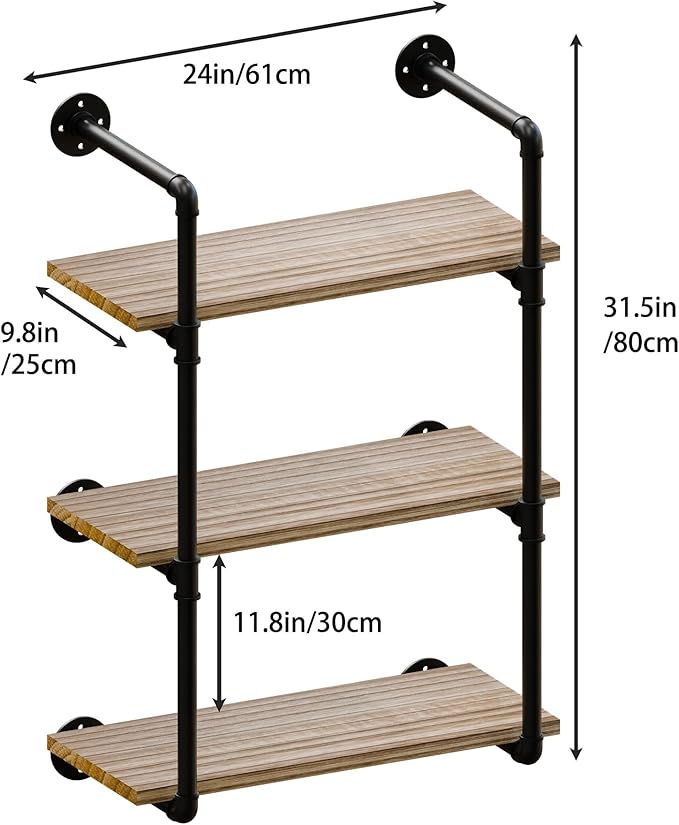 Industrial Pipe Shelf 24 inch,3 Tier Industrial Wall Shelves,Pipe Shelf with Wood Plank,Wall Mounted Bookshelf Shelving for Bathroom,Bedroom,Kitchen,Living Room