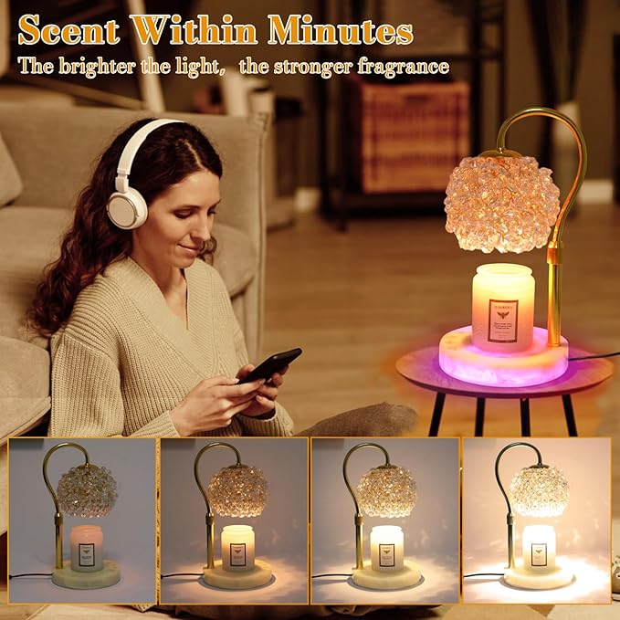 Candle Warmer Lamp with Timer - Dimmer Electric Candle Lamp Warmer with RGB Mode, 312 K9 Crystals Lampshade,Adjustable Height Wax Warmer Lamp with 2 Bulbs for Jar Candles,Gifts for Mom Womens