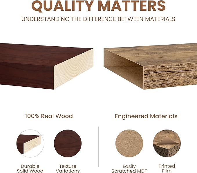 Floating Shelves for Wall, Real Wood Floating Shelf Set of 2, 8 Inch Deep Floating Shelves, Rustic Wood Wall Shelf for Home Decor, Deep Storage Shelves for Bathroom, Kitchen, 16"W x 8"D, Walnut Color