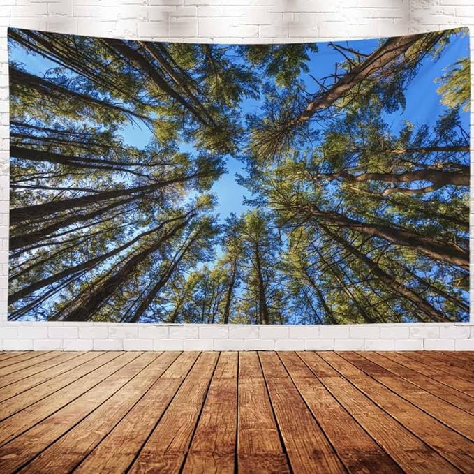 EMMTEEY Forest Tapestry Spring Green Straight Pine Trees Forest Wall Tapestry Nature 80X60 Big Tapestry Christmas Photography Backdrops Large Wall Decor