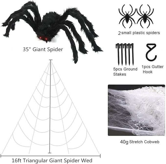 Halloween Decoration Outdoor Spider Web Decor 16ft with Giant Spider and Stretchy Dense Spider Silk Rope and 2 Small Spiders Triangular Huge Spider Web for Yard Outside Indoor