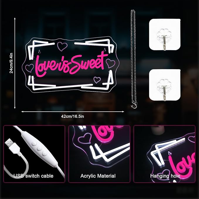 Lucunstar Love is Sweet Neon Sign,Led Light Sign for Wedding Decor Bridal Shower,USB Connectivity Led Sign with Dimming Switch for Home Wall Decor,Girls Decor,Party Room