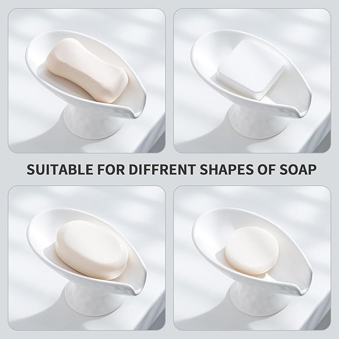 Self Draining Soap Dish,Soap Dish for Shower,White Ceramic Soap Holder for Bathroom Kitchen Shower Keeps Soap Dry, Easy to Clean(Matte White)