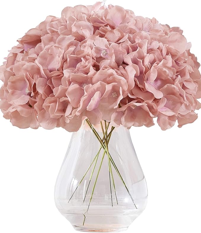 Dusty Rose Pink Artificial Hydrangea Flowers Heads 10 Fake Hydrangea Silk Flowers for Wedding Centerpieces Bouquets DIY Floral Decor Home Decoration with Stems(VASE NOT Included)