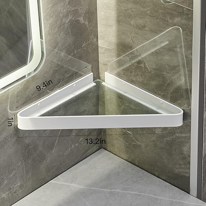 VOLPONE Bathroom Shelves Wall Mounted Glass Corner Shower Shelf for Bathroom Floating Shelf Tempered Glass Wall Organizer 2-Tier(White)