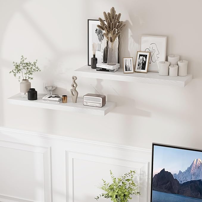 Floating Shelves White 36 Inch Long, 9.3" Deep Floating Shelf Wall Mounted, Rustic Deep Bookshelf, Large Display Storage Shelves for Bathroom, Bedroom, Kitchen, 36"W x 9.3"D x 1.5"H, Set of 2