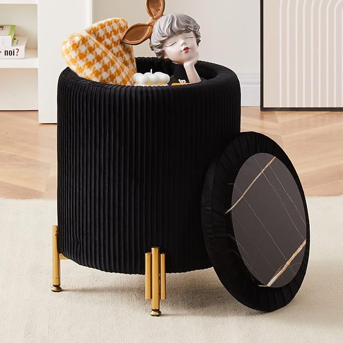 Mxfurhawa Round Ottoman Foot Stool with Storage and Metal Legs for Living Room Bedroom, Velvet Upholstered Footrest Stool Support 300lbs Modern Padded Seat Ottoman Coffee Table (Black)