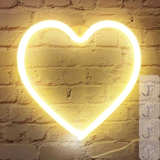 LED Light Neon Sign Room Decor - Yellow Night Light for Valentines Day - Hanging USB/Battery Operated Heart Lights for Window (Warm White)
