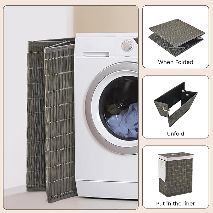 Laundry Hamper with Lid, 55.5 Gallon (210L), Large Handwoven Rattan Laundry Basket, 3 Section Clothes Hamper with Handles, 2 Removable Liner and Side Pocket, Grey