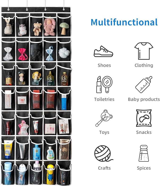 35 Pockets Over the Door Shoe Organizer, Hanging Shoe Organizer for Door with 35 Mesh Pockets Large Capacity Shoe Hanging Storage Bag with 4 Metal Hooks (Black-1Pack)