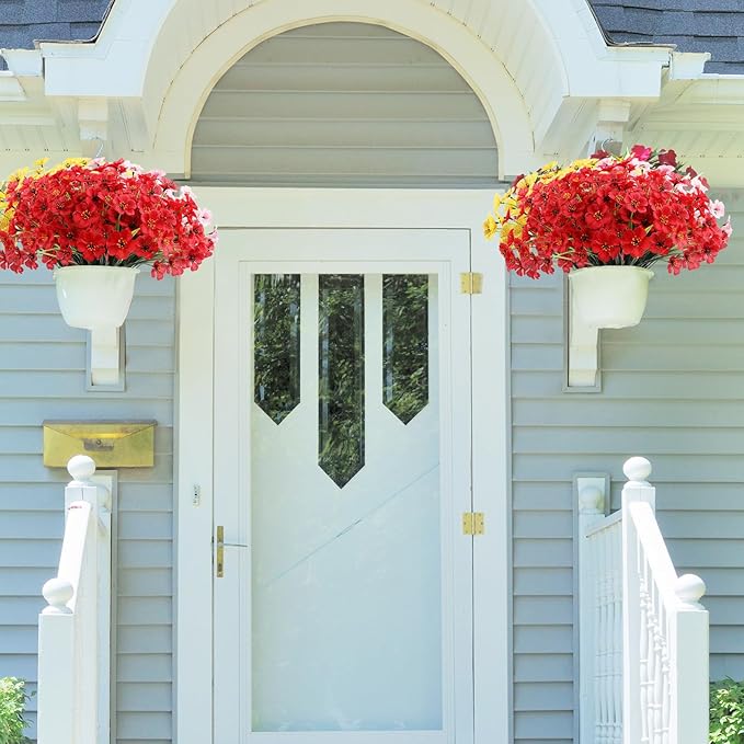 22 Bundles Artificial Flowers Outdoor, Faux Flowers UV Resistant with Plastic Plants, Faux Silk Flowers for Outdoors Outside Front Porch Hanging Planter Window Box Garden Decoration(Red)