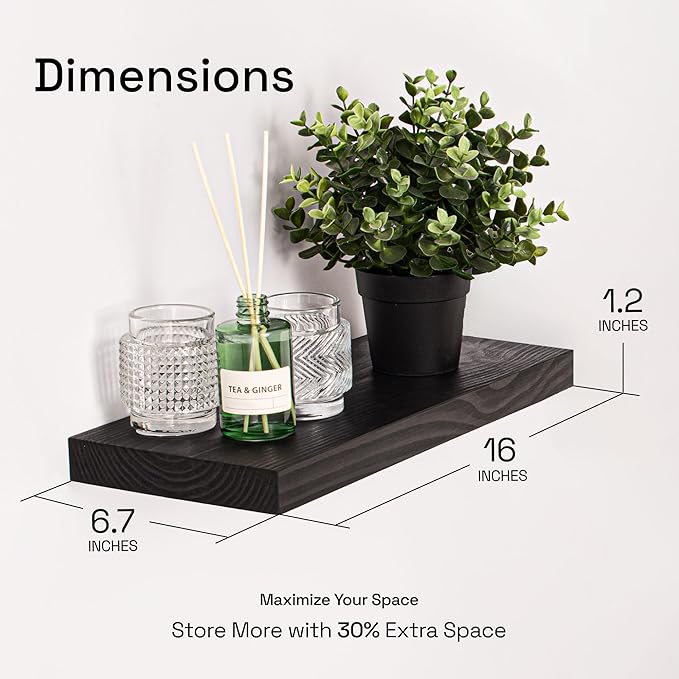 BAOBAB WORKSHOP Wood Floating Shelves for Bathroom Wall - Black Shelf 16 inch - Solid Wood Shelves for Wall for Bedroom Kitchen Living Room - Black Floating Shelves - 16 x 6.7 Inch, Set of 2