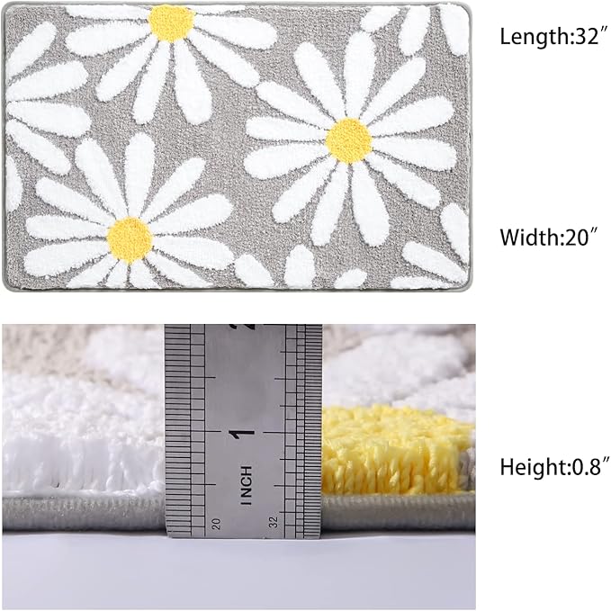 QJHOMO Gray Bathroom Rugs Cute Daisy Bath Mat White and Yellow Flower Decor Rug Non Slip Floor Carpet Microfiber Bathmat Super Absorbent Machine Washable Bathtub Mats for Shower (20x32 inch)
