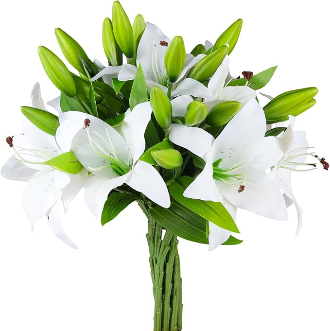 Hananona 8 Pcs Artificial Tiger Lily Real Touch Easter Lily Fake Spring Flowers for Wedding Home Party Easter Decoration Plastic Cemetery Faux Flowers (White, 8)