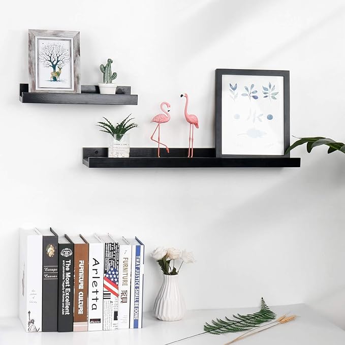 Natural Bamboo Floating Shelves Wall Mounted Rustic Wood Wall Shelves Wooden Wall Storage Organizer Home Decor Living Room Kitchen Bedroom (Black,13.8 in)