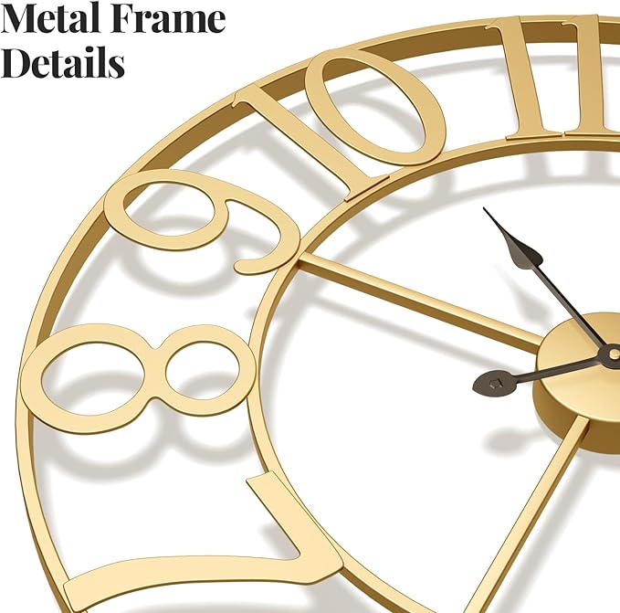 Large Wall Clock 30 Inch, Decorative Gold Clocks Silent Non Ticking Battery-Operated for Living Room Kitchen Mantel Decor, Metal Round Modern Wall Clocks Arabic Numerals