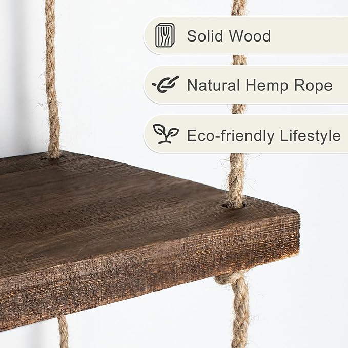 Hanging Floating Shelves for Wall,3 Tier Rustic Wood Wall Shelves for Bedroom,17.7'' Length Bathroom Shelves,Rope Hanging Shelf for Display Plants,Photo Frame,Boho Decor for Living Room