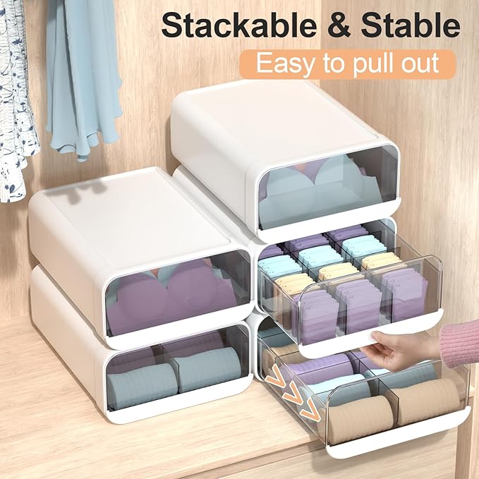 Underwear Organizer Drawer, 10 Cells Plastic Sock Underwear Storage Drawer, Stackable Closet Organizers and Storage Box for Bras, Socks, Scarves, Ties, Belt (Queen Size-White, 1 Pcs)