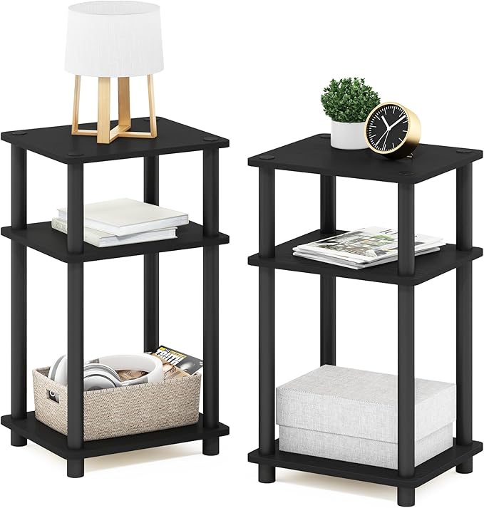 Furinno Just 3-Tier Turn-N-Tube End Table / Side Table / Night Stand / Bedside Table with Plastic Poles, 2-Pack, Americano/Black