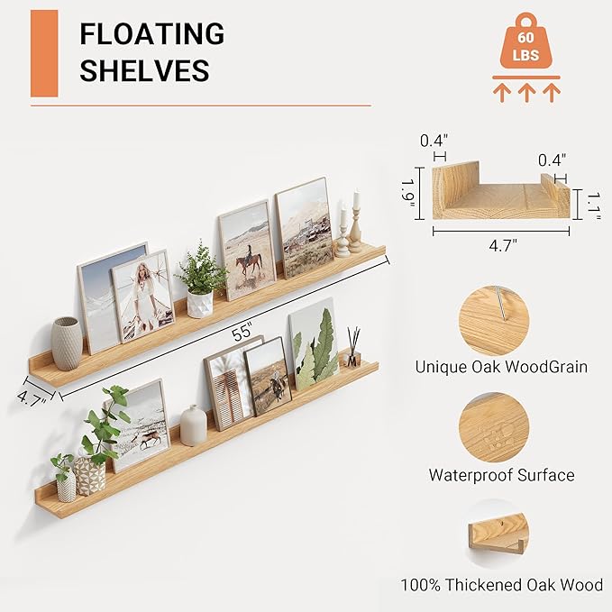 Oak Picture Ledge Shelf,Floating Wall Mounted Shelves, Black Shelves for Wall Decor, Modern Picture Ledge Shelf with Lip for Storage, Bedroom, Living Room, Bathroom,Nursery Display