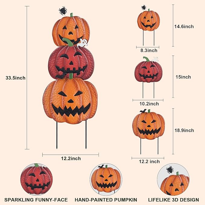 Hogardeck Halloween Decorations: 34" Garden Stakes with 3 Pumpkins & Jack O Lantern Metal Yard Signs for Lawn, Patio & Party