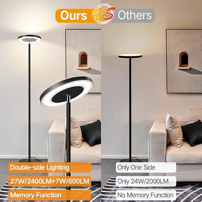 OUTON LED Torchiere Floor Lamp, Super Bright Dimmable Tall Standing Lamp with Remote Touch Control, 4 Color Temperatures, 1-Hour Timer for Living Room, Bedroom, Office (Classic Black)