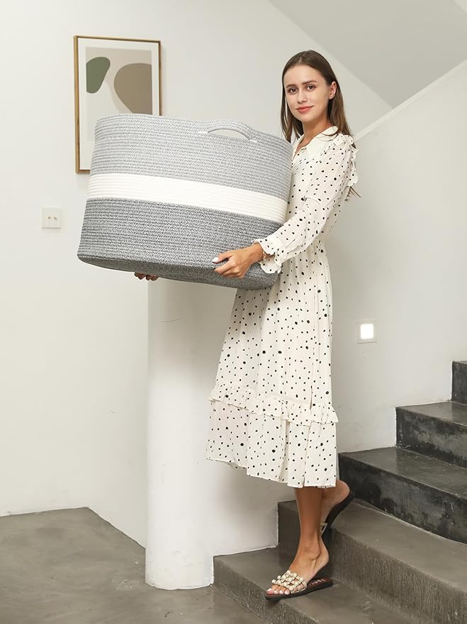 24" x 24" x 17" Mega Size Extra Large Storage Basket, Cotton Rope Storage Baskets, Woven Hamper, Cloth Storage Bin, for Clothes Blanket, Dual Grey