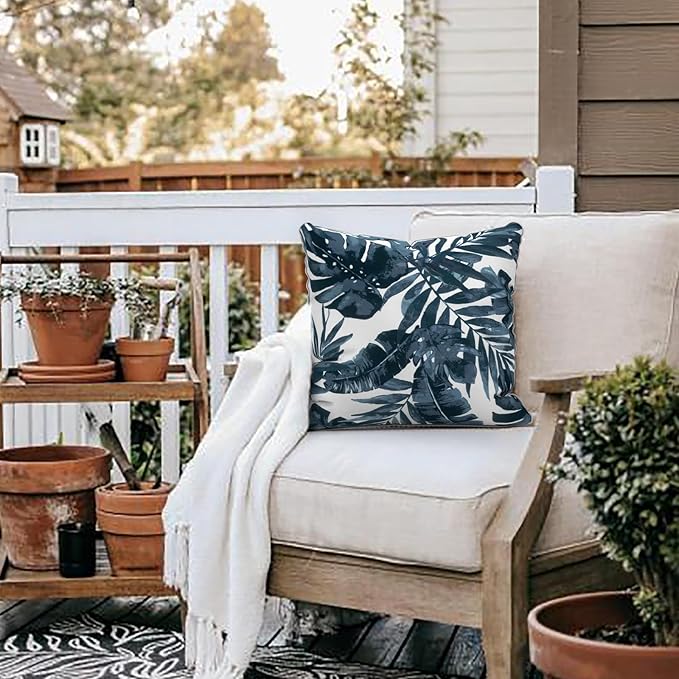 LVTXIII Outdoor Throw Pillow Covers Set of 2, Patio Waterproof Pillow Cases Fade Resistant Accent Pillow Covers for Home and Garden Furniture Decoration, 16x16, Palms Blue