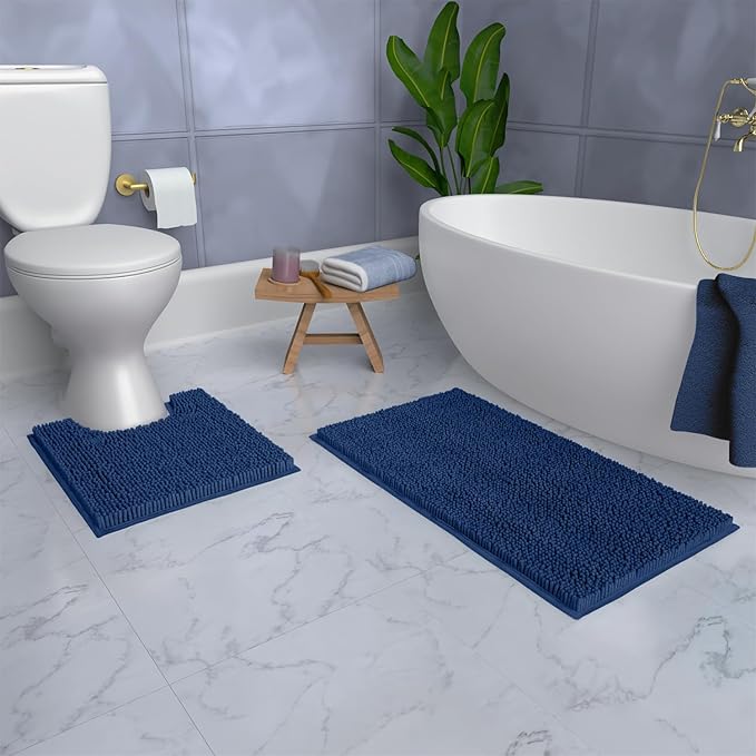Bathroom Rugs Sets 2 Piece, Luxury Chenille Bath Mat Set, Soft Plush Anti-Slip Bath Rug + U-Shaped Toilet Mat. Microfiber Shaggy Carpet, Super Absorbent (24” x 36” & 20” x 24” U, Blue)
