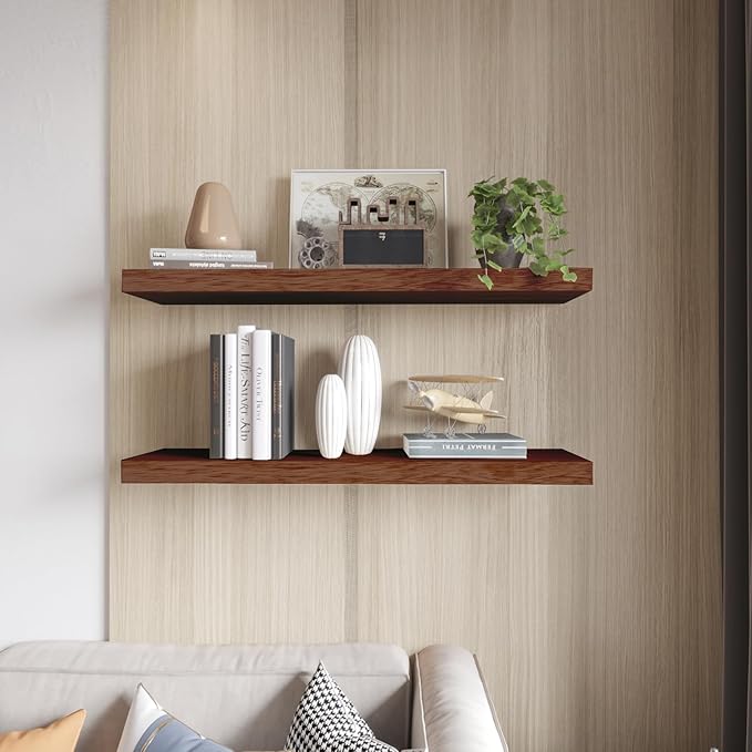 Floating Shelves 24 Inch Wall Shelf Solid Wood Mounted Storage for Bedroom Living Room Set of 2, Rustic Brown Wall Shelves