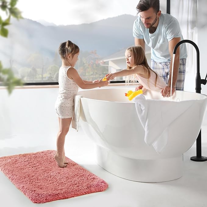 TECHMILLY Super Soft Shaggy Bathroom Runner Rugs, Absorbent Thick Non Slip Microfiber Bath Rugs, Quick Dry Machine Washable Bath Mat for Hallway Bathroom Floor, Bathtub and Shower 17"x47" Pink
