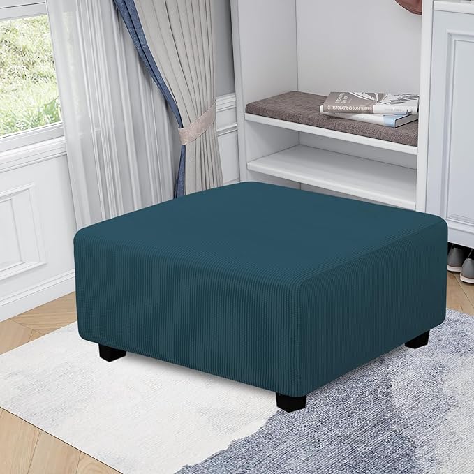 Easy-Going Stretch Square Ottoman Cover 40x40x15 inch Folding Storage Stool Furniture Protector Soft Rectangle slipcover with Elastic Bottom Deep Teal
