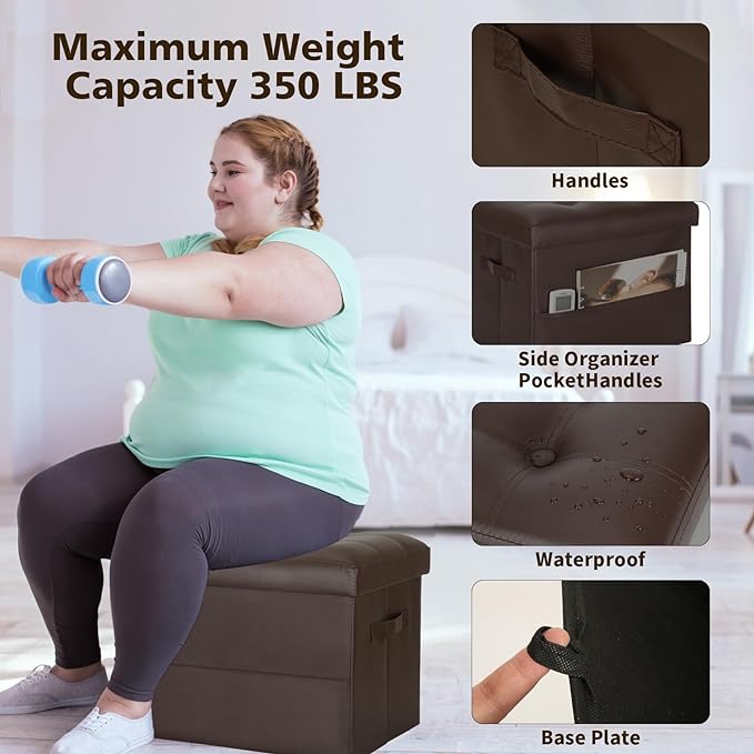 Storage Ottoman Foot Rest Stool, Foldable Leather Footstool Storage Bench with Thicker Foam Padded Seat. Foot Rest Under Desk for Living Room Bedroom 350 lbs, 17x13x13 in, Brown