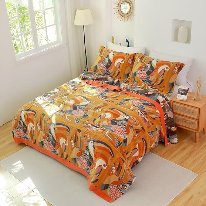 Boho Throw Blankets for Bed Home Decor, 100% Cotton Soft Cozy Boho Quilts Blankets 80"x90", Yellow Bird Lightweight Farmhouse Blanketsfor Armchair,Soaft,Couch,Picnic