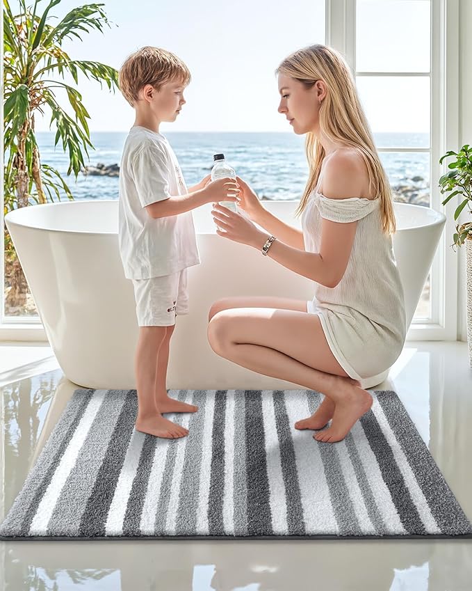 LUMI Striped Bath Rugs, Extra Soft and Absorbent Microfiber Bath Mat, Machine Wash Non-Slip for Bathtub or Bathroom Floor, 24"x43", Grey