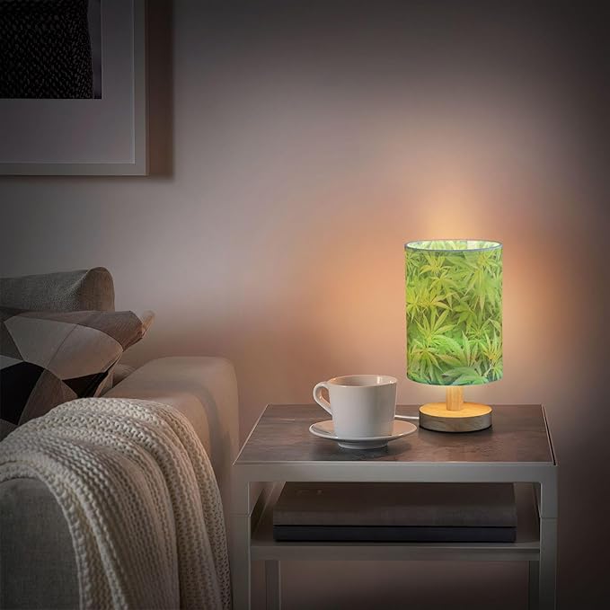 Table Lamp Marijuana Plant Green Cannabis Hemp Leaf Nightstand Lamp with Wood Base Fabric Lamp Shade Bedside Desk Lamp for Living Room Bedroom Kids Room Office