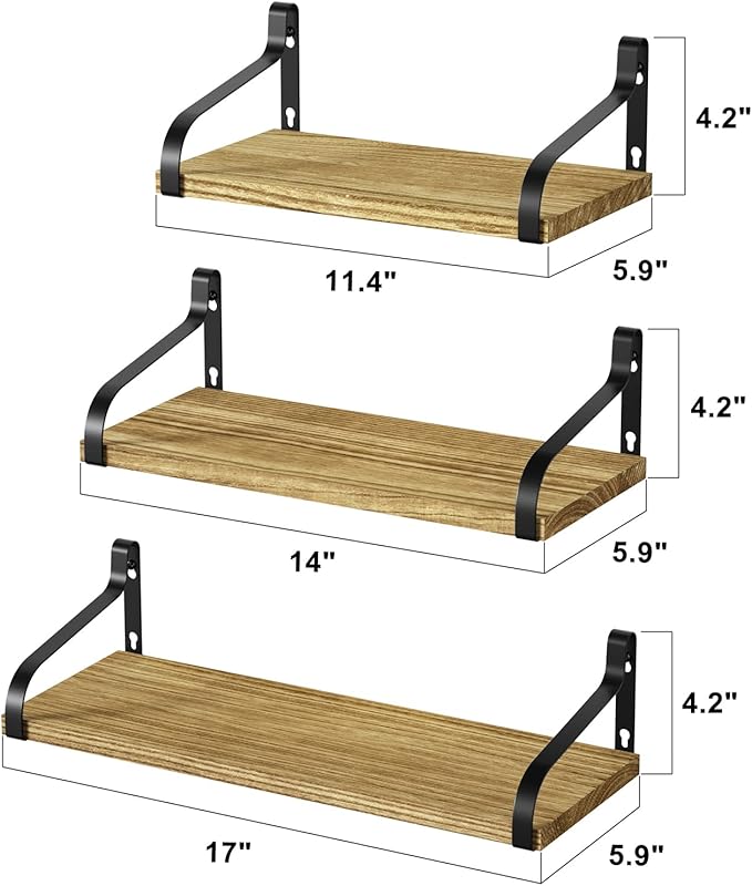 Love-KANKEI Floating Shelves Wall Mounted Set of 3, Large Wood Wall Shelves for Storage, Rustic Shelves for Display Bathroom,Bedroom,Living Room,Kitchen,Office and More Carbonized Black
