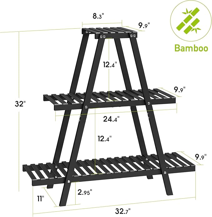 BMOSU Plant Stand Bamboo for Indoor Outdoor Tiered Plant Shelf 8 Potted Flower Holder Ladder Rack Garden Balcony Living Room Patio(3 Tier Black)