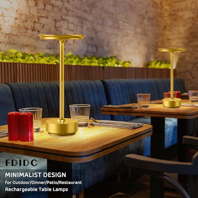 LED Rechargeable Cordless Table Lamp, Battery Operated Stepless Dimming Modern Portable Outdoor Table Light for Dining Restaurant Patio.(Brushed Gold)