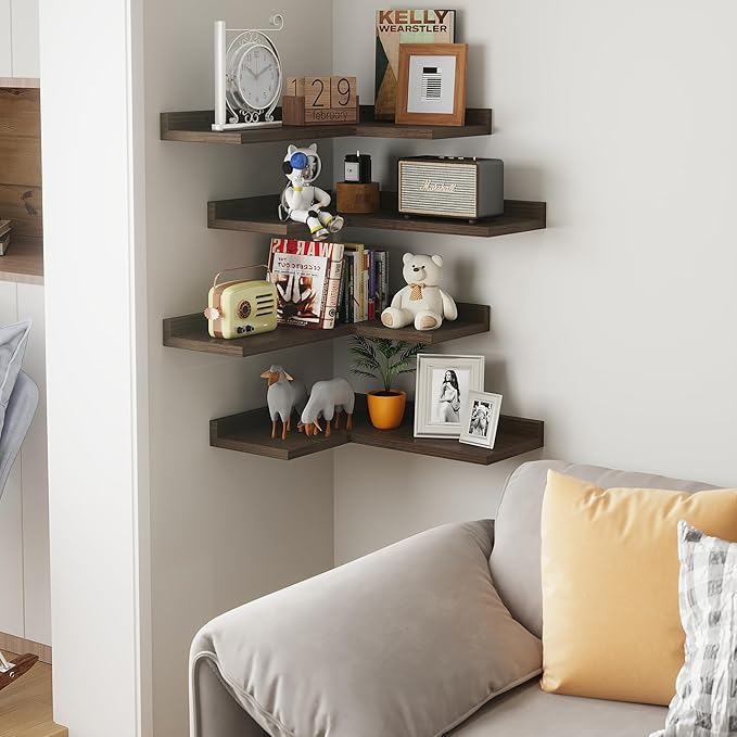 4 Tier Floating Corner Shelves - Set of 4 Rustic Wooden Floating Corner Wall Shelf with Cord Hole, L Shaped Corner Shelf Wall Mount for Bedroom,Living Room,Bathroom,Kitchen, Walnut Color