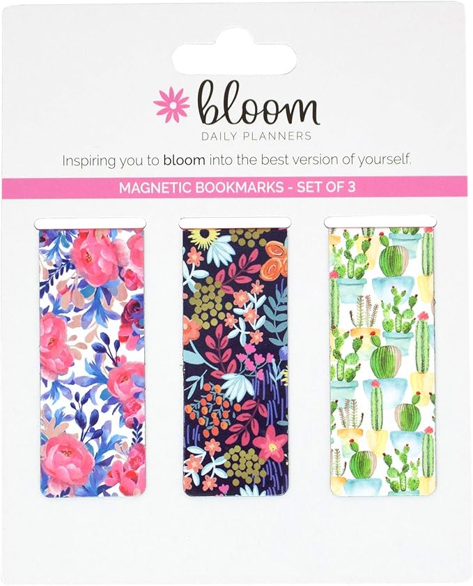 bloom daily planners 3-Pack Magnetic Bookmarks - Mini Snap-in Page Marker Clips for Planners, Books, Journals (2.5” x 1”) - Botanical