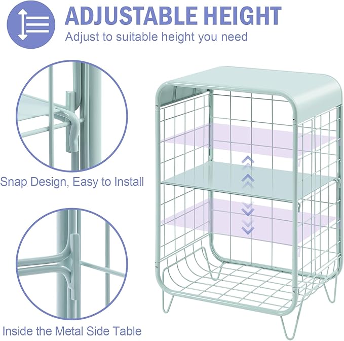 APEXCHASER Cute Nightstand,Metal Side Table,3 Tier End Table with Storage,Vintage Bedside Table,Girls Bedroom Furniture,Coffee Table for Living Room,Bedroom,Dorm,Mint Green
