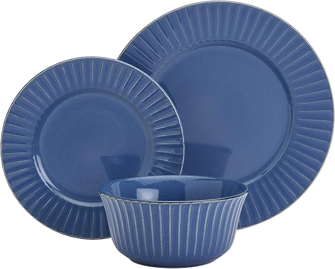 Tabletops Gallery Richmond 12-Piece Reactive Glaze Stoneware Dinnerware Set of Kitchen Dishes, Dinner Plates, Cereal Bowls, Service for 4, Blue