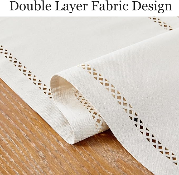 Burlap Style Farmhouse Table Runner, 13 x 108 Inch Off White, Rustic Geometric Hollow Table Runners 108 Inches Long for Dresser Table Everyday Use, 13x108 Inches, Off White